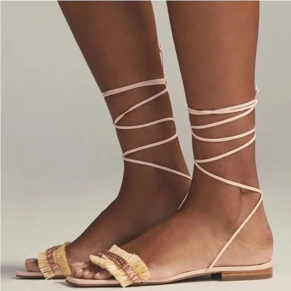 Anthropologie Jewel Embellished Raffia Tie-Up Sandals Flats Pink Women's 9.5 (40